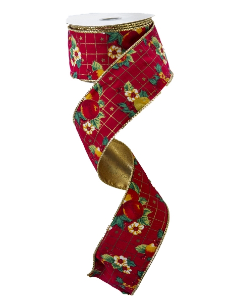 Picture of FRUIT AND FLOWER RED GREEN GOLD WIRED EDGE RIBBON