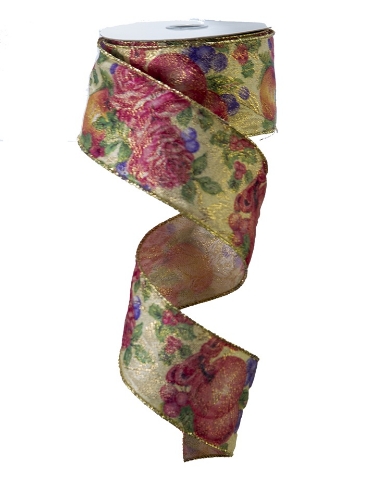 Picture of FRUIT AND BOWS PINK CREAM GREEN WIRED EDGE RIBBON