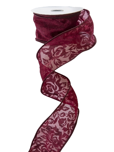 Picture of BURGANDY FLOWER SHEER WIRED EDGE RIBBON